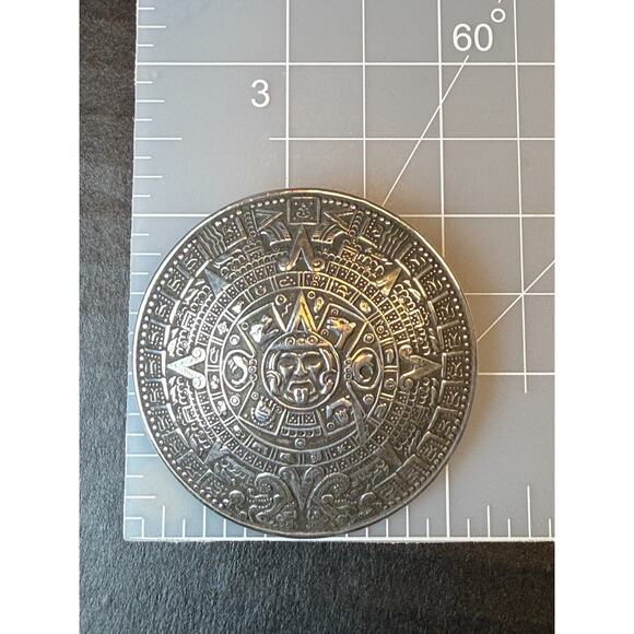 Sterling Silver Aztec Sun Calendar Mexico 2" Pendant Brooch Pin 925 - Picture 10 of 10